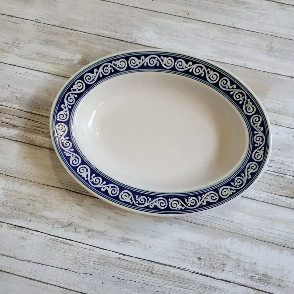pier 1  Farm House Ceramic oval serving bowl vitra scroll green rim 12